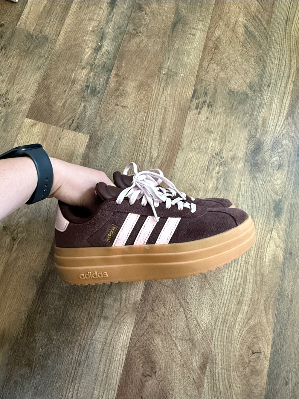 adidas Brown Suede Platform Sneakers with Pale Pink Stripes